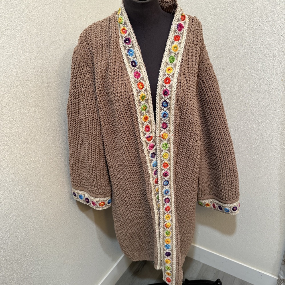 Pol Chunky Cardigan Swater Knit Brown Crochet Rainbow Size L